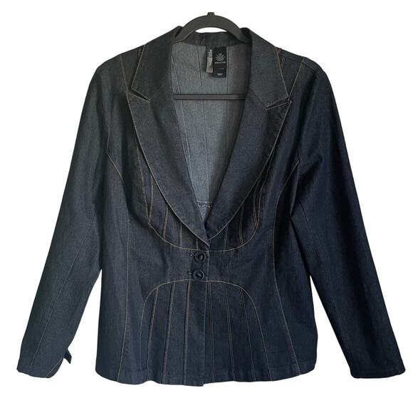 Bisou Bisou Jackets & Blazers - Bisou Bisou Blue Denim Blazer Jacket Sz L Contrast Stitching Pintucks Stretch